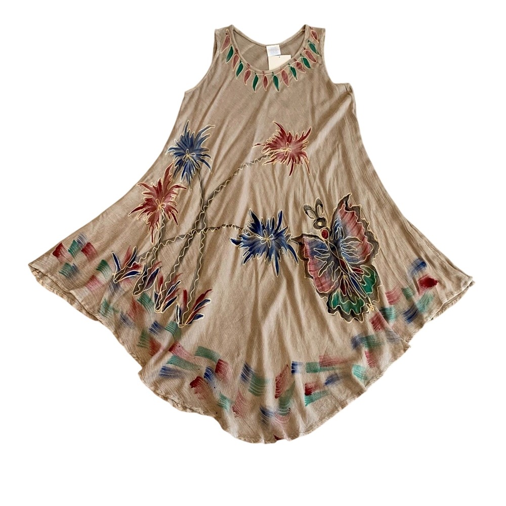 Boho Women Embroidered Butterfly Handkerchief Hem Dress Brown Artsy Festival XL